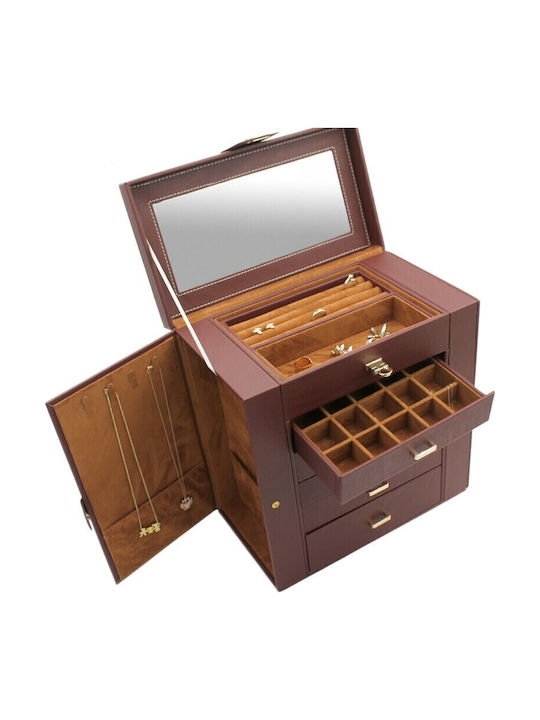 Wooden Jewellery Box with Drawer & Brown Mirror 30x17x31cm