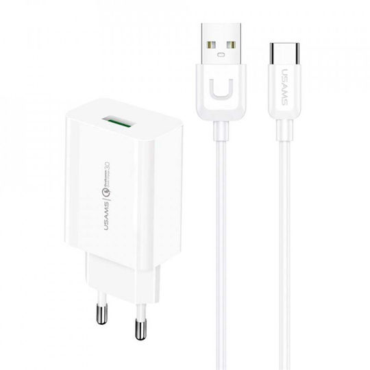 Usams Charger with USB-A Port and Cable USB-C 18W Quick Charge 3.0 Whites (T22)