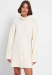 All Day Long Sleeve Knitted Mini Dress with Turtleneck Off White , Loose Fit FBL006-10913