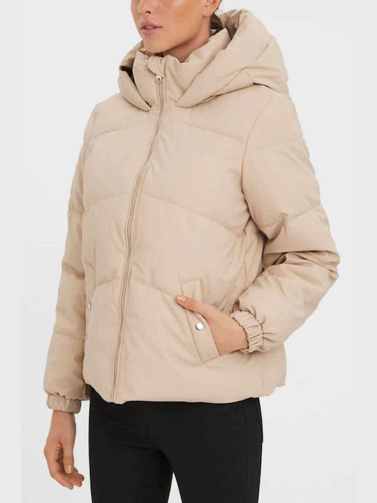 Vero Moda Women's Short Puffer Jacket for Winter with Hood Beige