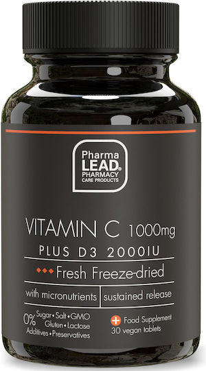 Pharmalead Black Range Vitamin C Plus D3 Βιταμίνη για Ενίσχυση του Ανοσοποιητικού, τo Δέρμα & Αντιοξειδωτική δράση 2000iu 1000mg 30 φυτικές κάψουλες