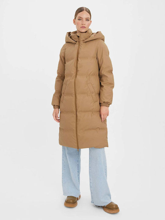 Vero Moda Women's Long Puffer Jacket for Winter with Hood Camel