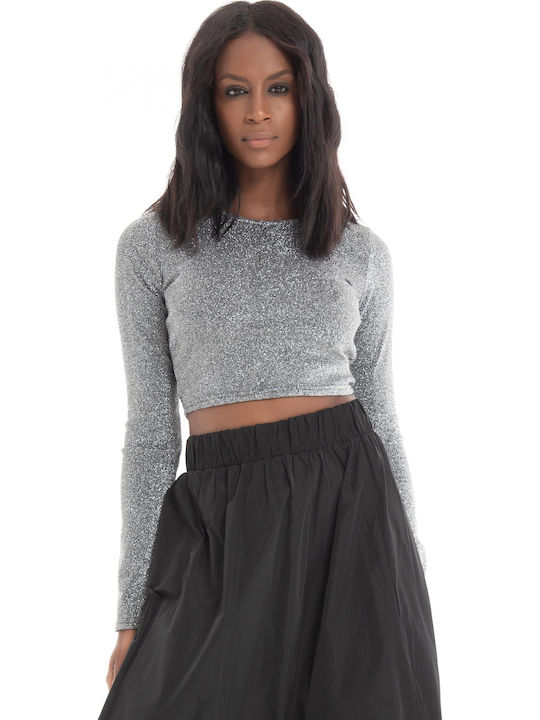 Γυναικείο Crop Top Μακρυμάνικο Ασημί