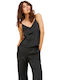 Women's Summer Blouse Satin with Straps & V Neckline Black