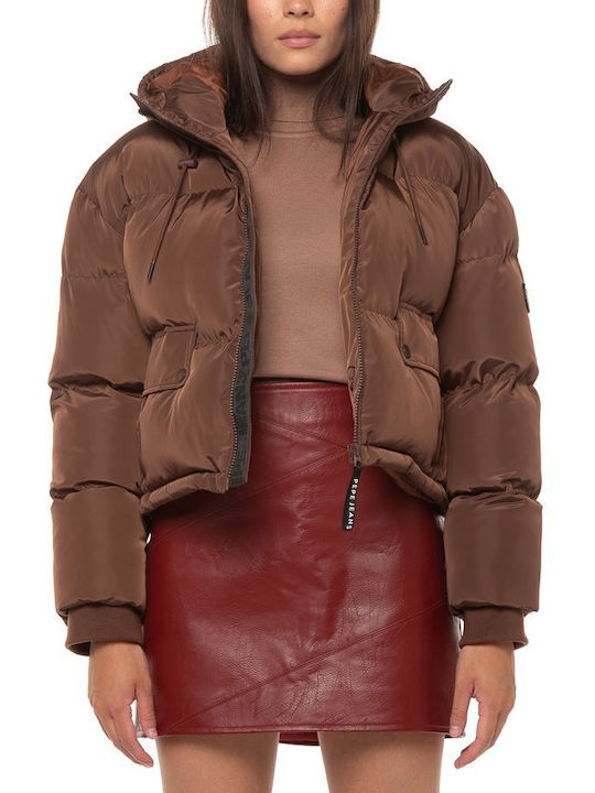 Pepe Jeans Women's Short Puffer Jacket for Winter with Hood Brown