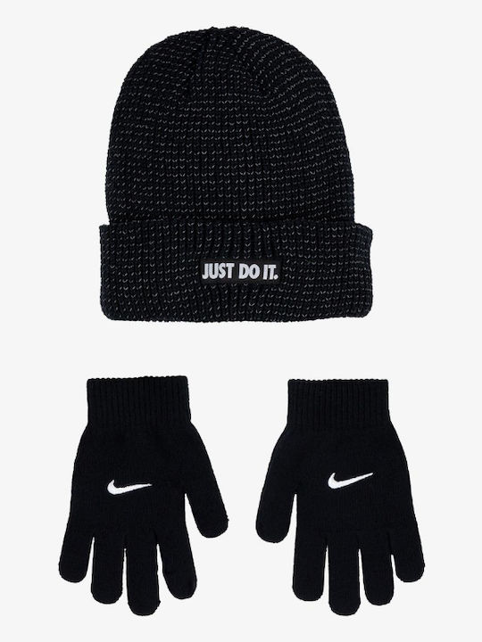 Kids Beanie Set with Gloves Knitted Black