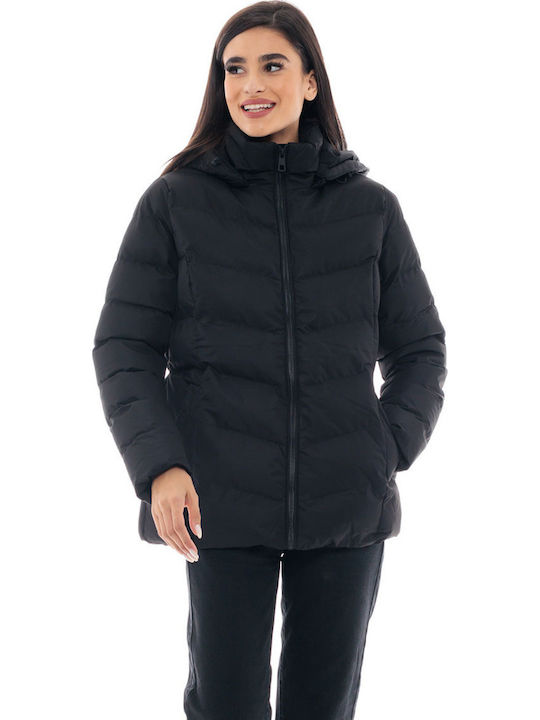 Women's Short Puffer Jacket for Winter with Hood Black