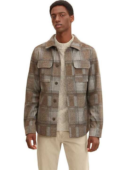 Long Sleeve Overshirt Checked Beige