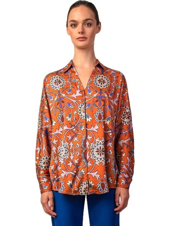 Women's Satin Long Sleeve Shirt Orange