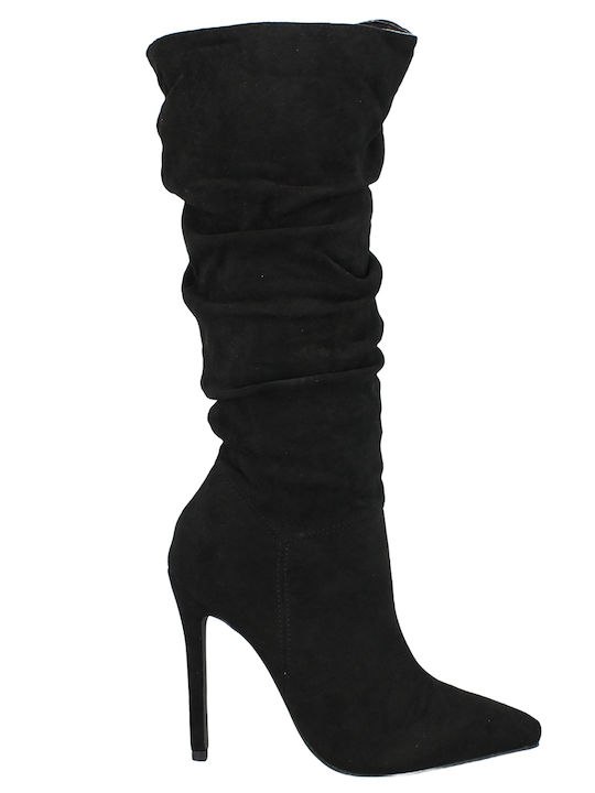 IQ Shoes Suede Γυναικείες Μπότες με Ψηλό Τακούνι Μαύρες