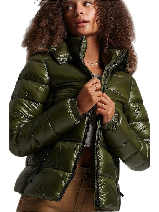Superdry Fuji Shine Kurz Damen Puffer Jacke mit pelziger Kapuze