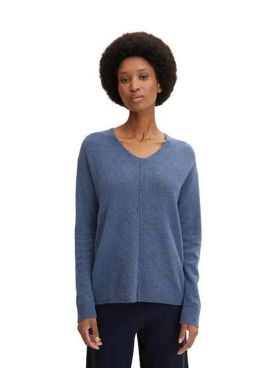 Tom Tailor Women's Long Sleeve Pullover with V Neck Stormy Sea Blue Mel