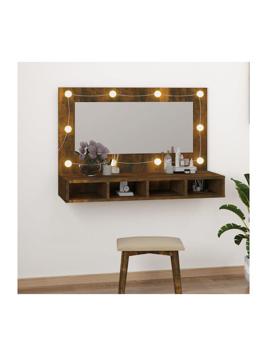 vidaXL Rectangular Bathroom Mirror Led made of Particle Board with Shelf & Cabinet 90x31.5cm Brown