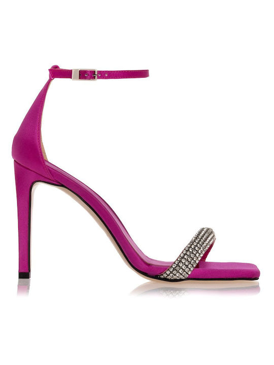 Sante Fabric Women's Sandals with Strass & Ankle Strap Fuchsia with Thin High Heel
