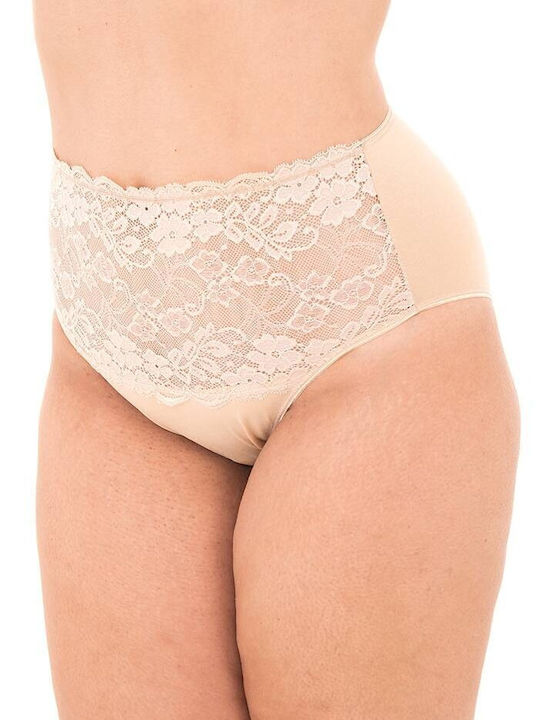 Cotton high-waisted panties with lace - Beige