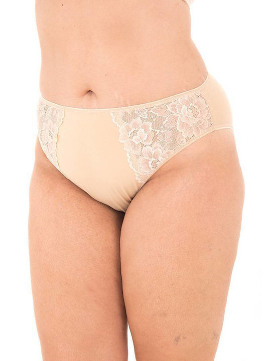 Cotton high-waisted panties with lace on the side - Beige