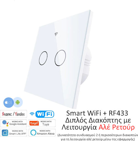MOES Χωνευτός Διακόπτης Τοίχου Αφής Wi-Fi Διπλός με Πλαίσιο Λευκός