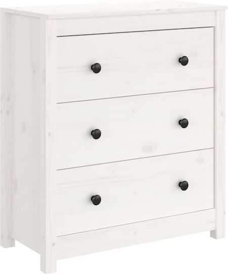 Chest of Drawers of Solid Wood with 3 Drawers White 70x35x80cm