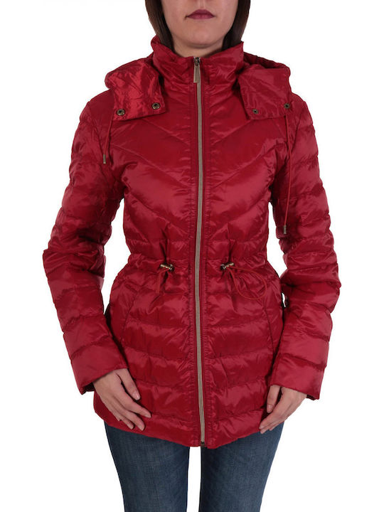 Women's Short Puffer Jacket for Winter with Detachable Hood Red