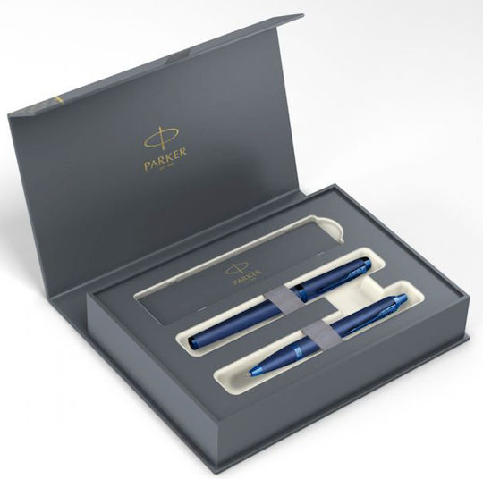 Parker I.M Mono Pen Set Ballpoint Medium with Fountain Pen Medium made of Steel Blue in a case (in a paper cassette)