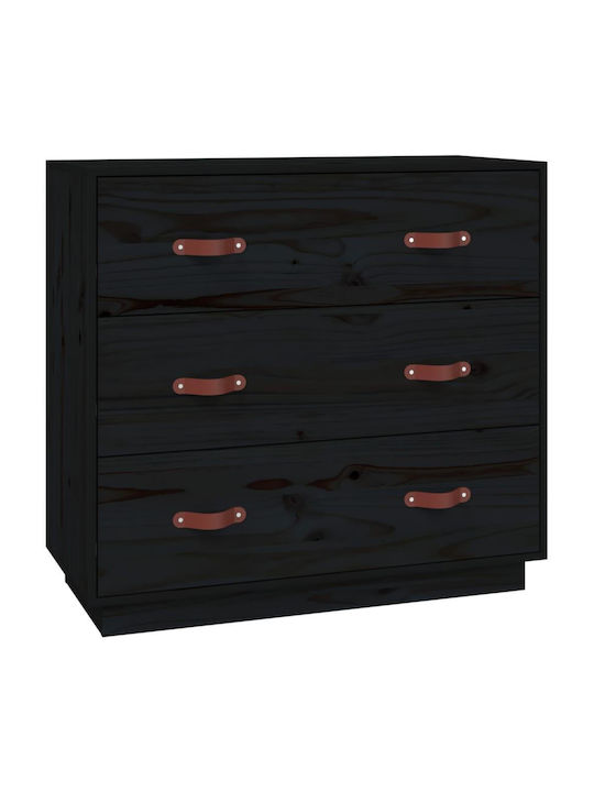 Chest of Drawers of Solid Wood with 3 Drawers Μαύρο 80x40x75cm