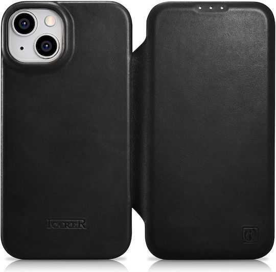iCarer CE Oil Wax Premium Leather Folio Book Δερμάτινο Μαύρο (iPhone 14)