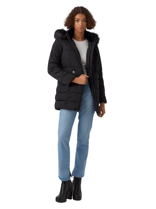 Vero Moda Lang Damen Puffer Jacke mit pelziger Kapuze für Winter Schwarz