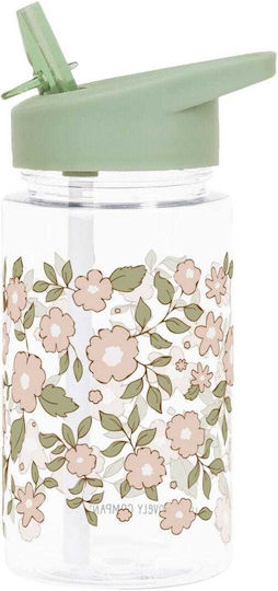 A Little Lovely Company Kids Water Bottle Butterfly Plastic with Straw Blossoms Sage 450ml