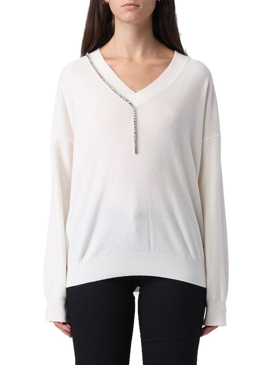 Liu Jo Women's Long Sleeve Sweater with V Neckline White