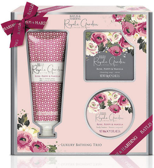Baylis & Harding Royale Garden Luxury Bathing Rose, Poppy & Vanilla Hautpflegeset für Feuchtigkeitsspendend & Reinigung Körperreinigung 3Stück