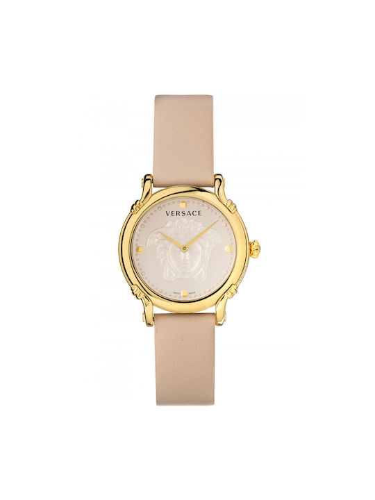 Versace Safety Pin Damen Watch with Leather Strap Pink Gold