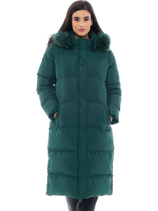 Lang Damen Puffer Jacke mit pelziger Kapuze für Winter Ice