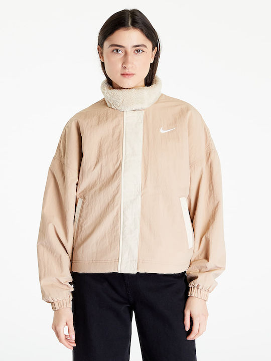 Sportswear Κοντό Γυναικείο Puffer Μπουφάν για Χειμώνα Μπεζ