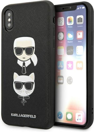 Karl Lagerfeld Saffiano Ikonik Karl&Choupette Задна Корица Пластмаса Черен iPhone X / XS
