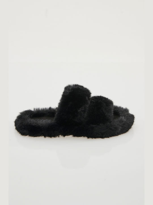 SugarFree Χειμερινές Γυναικείες Παντόφλες με γούνα σε Μαύρο Χρώμα