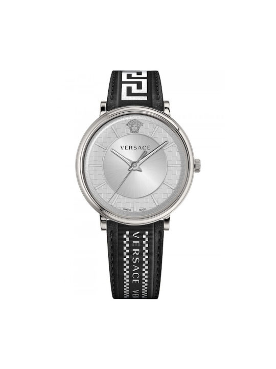 Versace V-Circle Herren Ρολόι Μπαταρίας με Δερμάτινο Λουράκι σε Μαύρο χρώμα