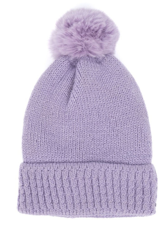 Pom Pom Beanie Beanie with Knit in Lilac color