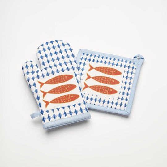 Charalambidis Textiles Sea Kitchen Glove & Pot Holder Set Fabric Multicolored 1pcs