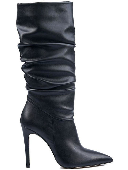 Makis Fardoulis Δερμάτινες Γυναικείες Μπότες με Ψηλό Τακούνι Μαύρες
