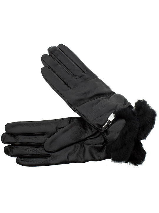 Guy Laroche Μαύρα Γυναικεία Δερμάτινα Γάντια με Γούνα