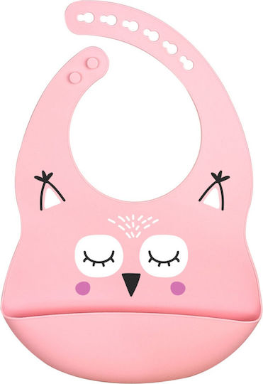 Baby Cloud Owl Waterproof Bib Silicone with Button & Pocket Pink