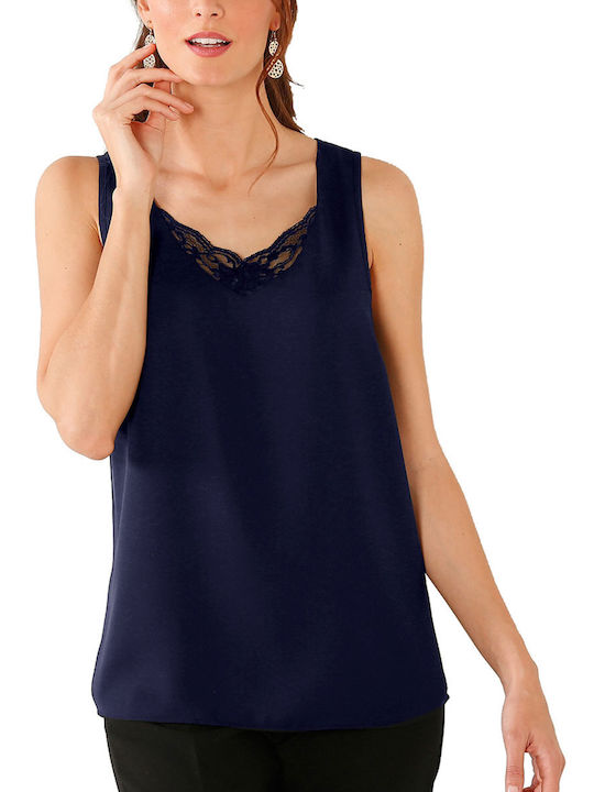 Navy Cami Top με Δαντέλα στο Ντεκολτέ