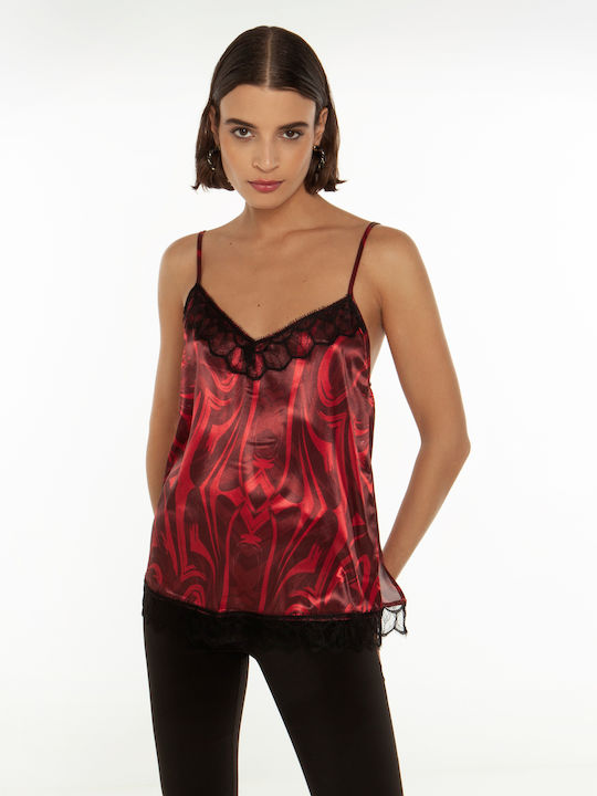 Women's Satin Lingerie Top with Lace Red