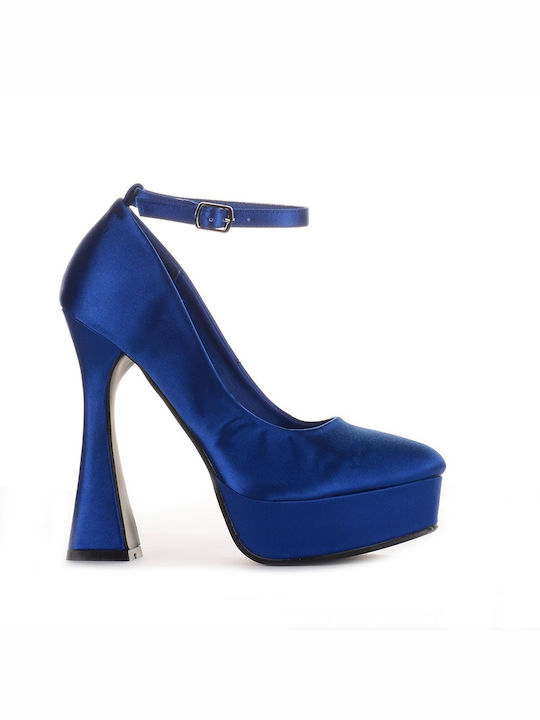 Famous Shoes Γόβες με Λουράκι & Χοντρό Ψηλό Τακούνι Μπλε
