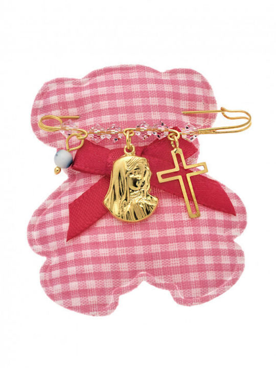 Senza Child Safety Pin made of Gold Plated Silver with Cross and Icon of the Virgin Mary for Girl