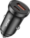 Vipfan Car Charger Black C03 Total Intensity 3A Fast Charging with Ports: 1xUSB 1xType-C