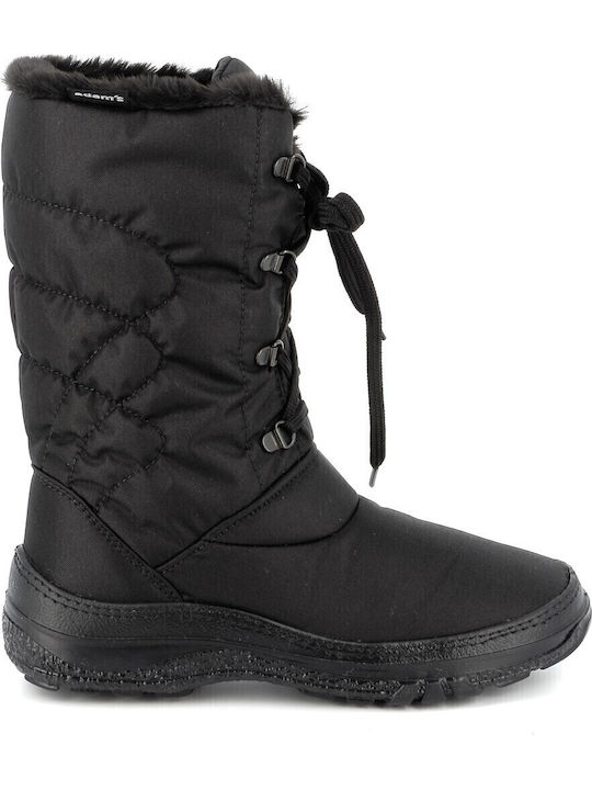Synthetic Leather Medium Heel Snow Boots with Zipper / Laces & Fur Black