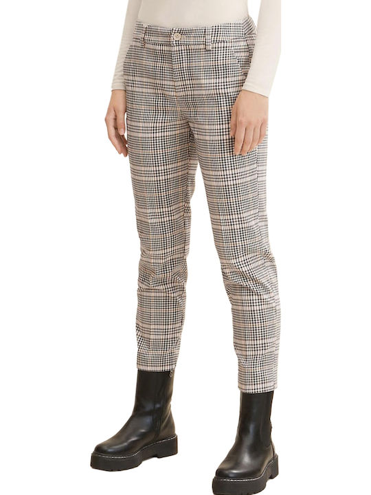 Women's Fabric Capri Trousers Checked Beige