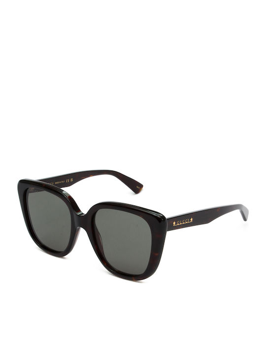 Gucci Women's Sunglasses with Brown Tartaruga Plastic Frame and Green Lens