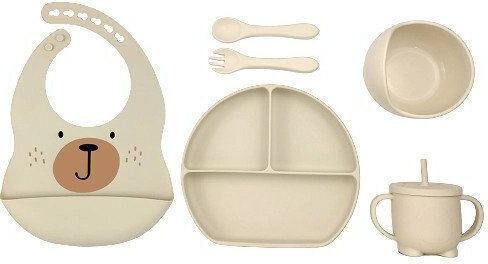 Baby Cloud Feeding Set Teddy bear made of Silicone with Non-Slip Base Beige 6pcs for 5+ months